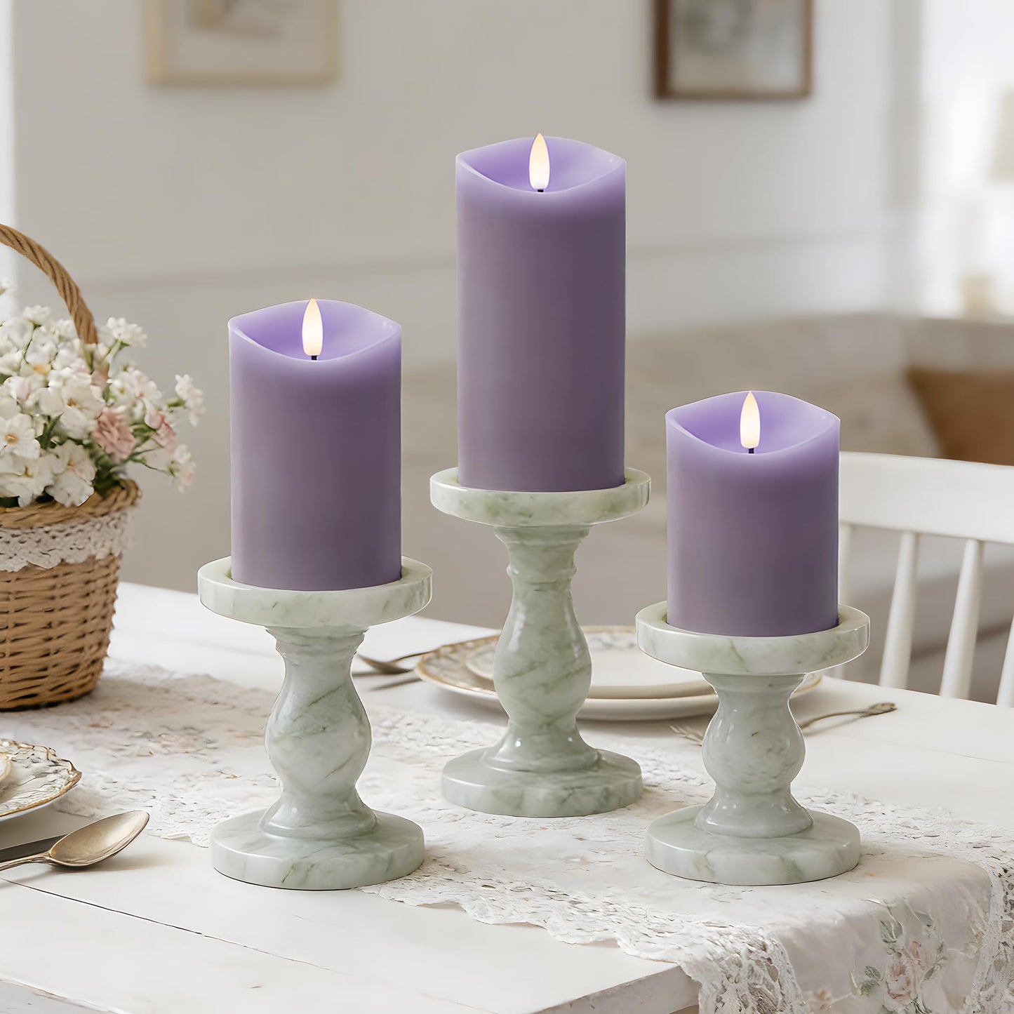 Velsyn Purple Flameless Candles with Remote and Timer, Real Wax Made LED Pillar Candles Battery Operated with 3D Flickering Flame Melted Edge, 3" x 4",5",6", Set of 3 (Pastel Purple)