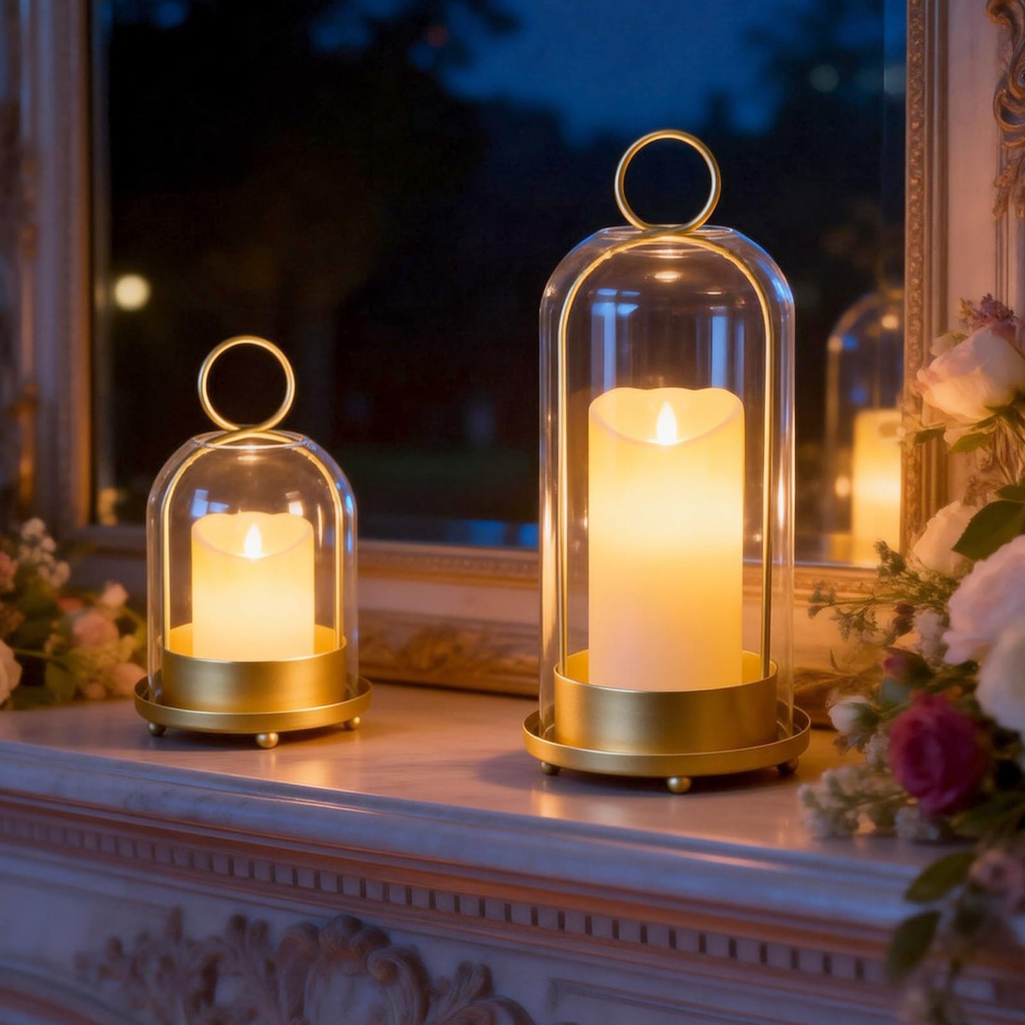 Fohil 5" & 4" Hurricane Glass Candle Holders, Set of 2 Metal Candle Holder with Handmade Sturdy Glass Dome, Candle Lantern for Pillar Candles, Plants, Table Centerpiece, Home Decor