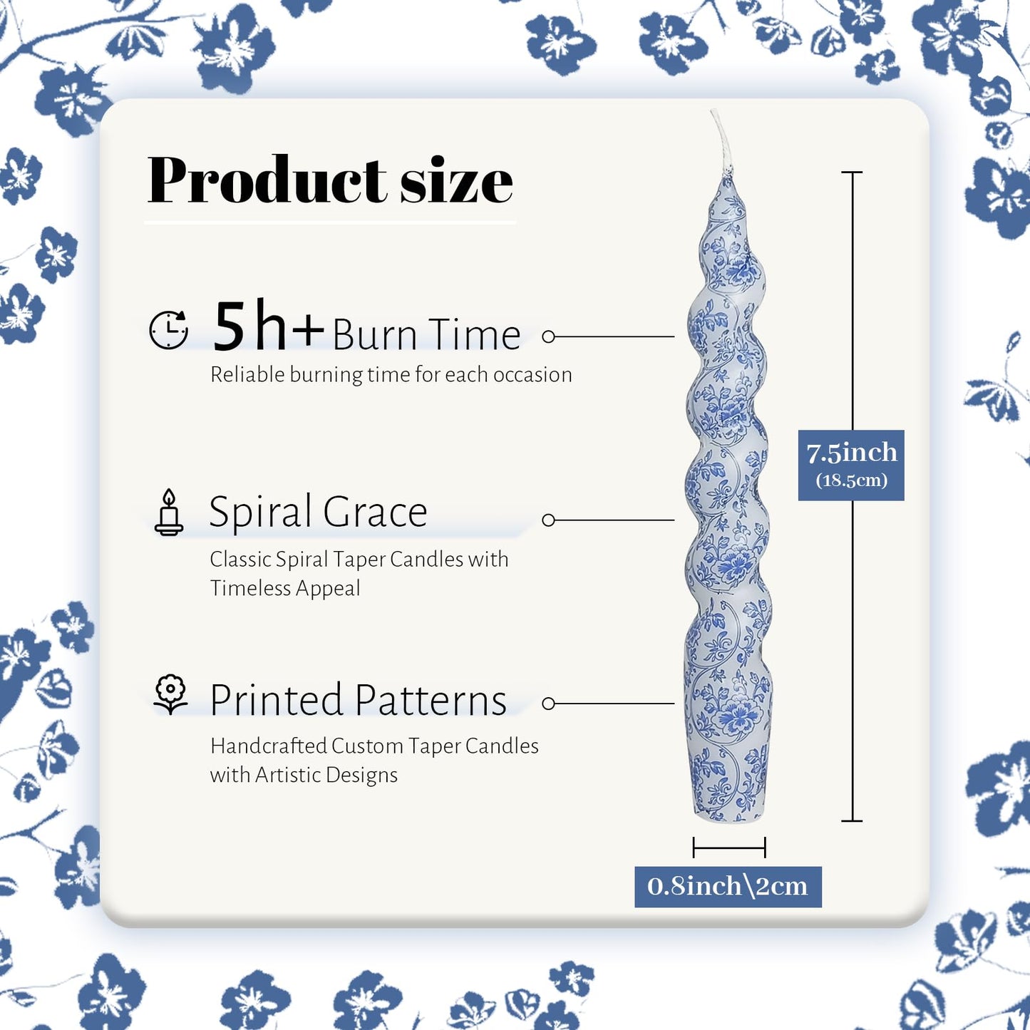 Unscented Floral Spiral Taper Candle Orchid Printed 7.5 Inch Long Burning Twisted Candle for Home Dinner Decor Gifts,2Pcs