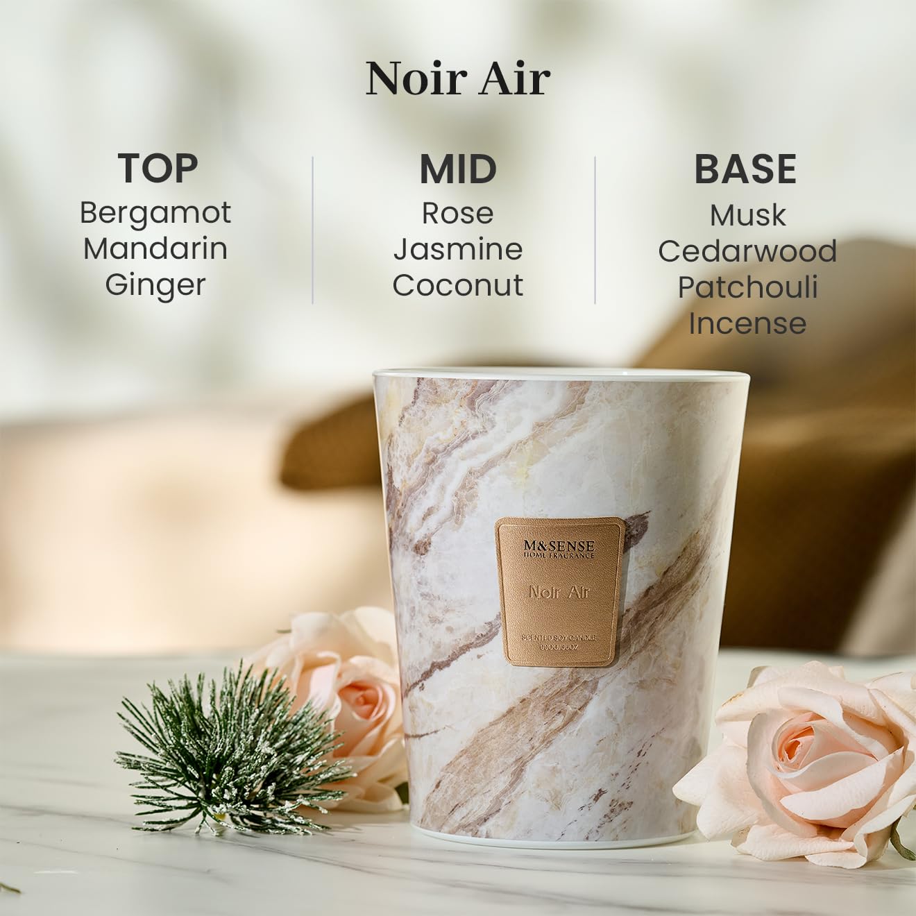 M&SENSE Extra Large Candle 35oz 150H NoirAir Scented Candle, 3 Wick Highly Scented Jar Candle, XL Candles Gift for Stress Relief, Meditation, Yoga