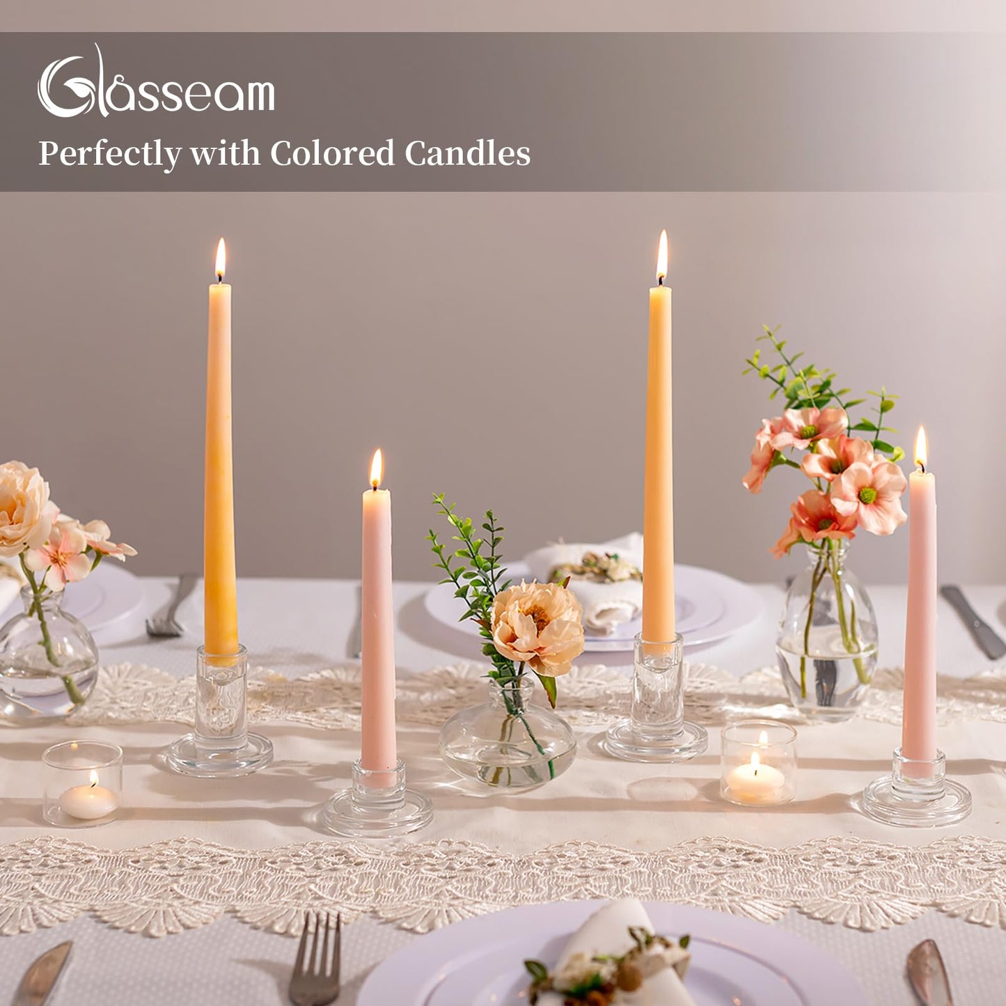 Glasseam Glass Taper Candle Holders: Set of 3 Tapered Candlestick Holders Small Clear Candle Sticks Holder Decor for Table Centerpiece Wedding Dining Room Home Decorations