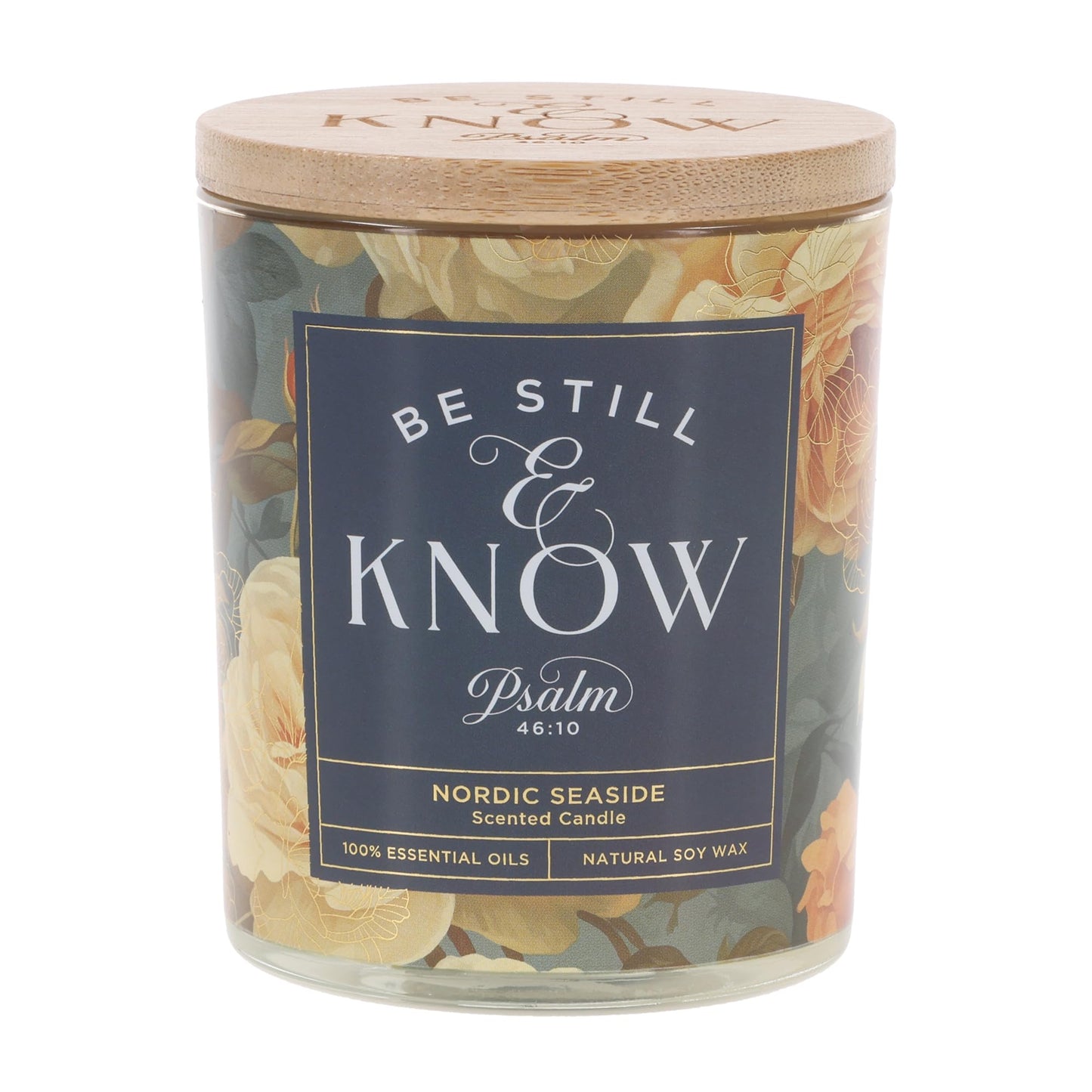 Christian Art Gifts Soy Wax Scented Candle: Be Still & Know Bible Verse, Nordic Seaside Scent, Pure Essential Oils, 4.5 oz, Up to 20 Hours Burn Time, Glass Jar w/Bamboo Lid, Women's Encouragement Gift