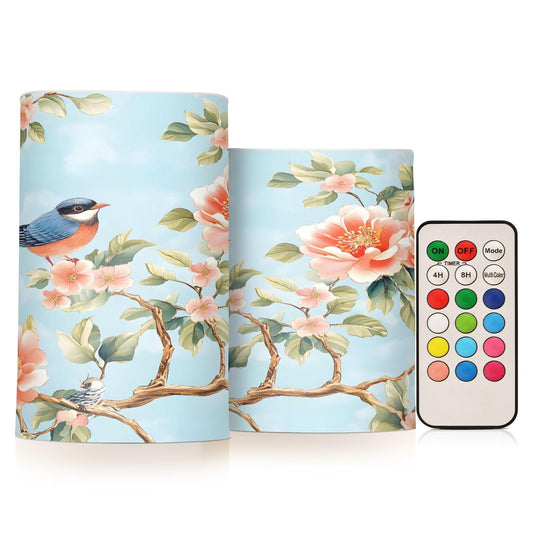 senya Bird Lights Flameless Candles Colorful Floral Bird Pillar Candles Set of 2 Battery Operated Remote Control Warm Lights Home Decor