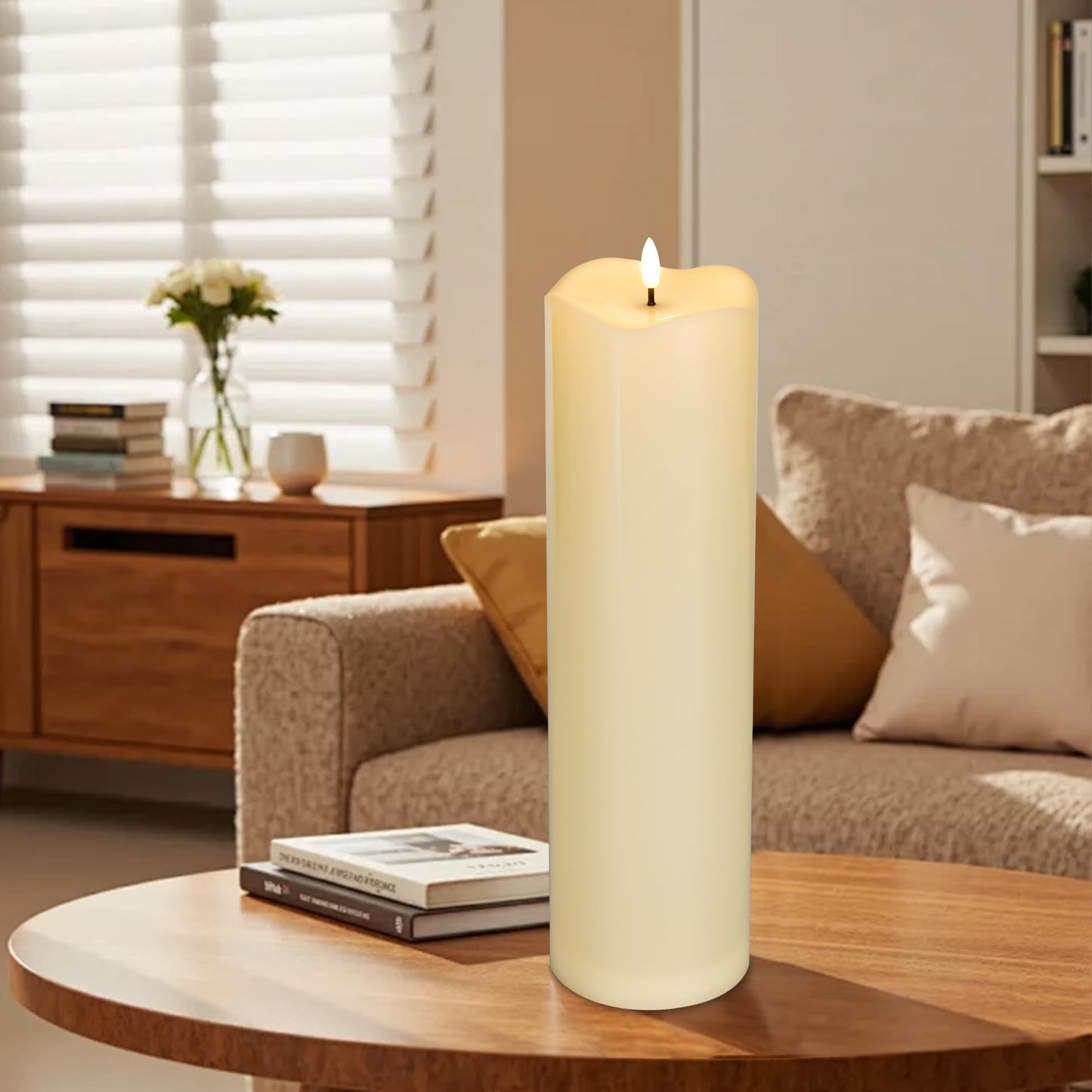 AFINETH 4" x14" Outdoor Candles with Timer Waterproof Large Flickering Flameless Candles with Remote Plastic Tall Pillar Candles for Indoor Outdoor Use, Ivory 1Pack