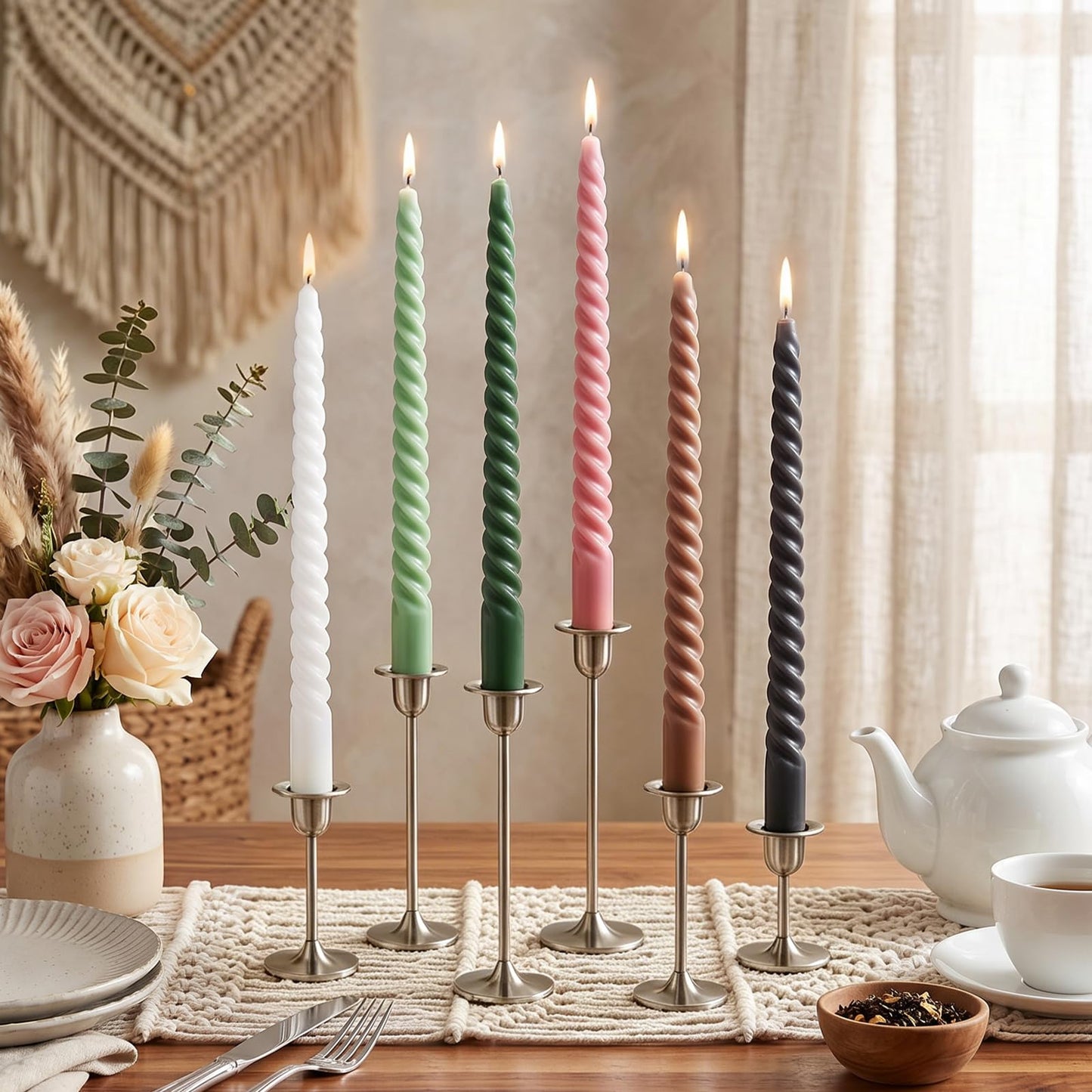 Whaline 12 Pcs 10 Inch Boho Spiral Taper Candles 6 Colors Dripless Twisted Wax Candles Long Unscented Candle Sticks for Home Party Dinner Table Supplies