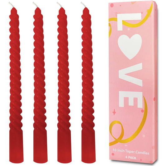 Topsics 4 Pack Christmas Candles - Red Taper Candles, Unscented 10 inch Spiral Tapered Candles for Christmas Decor