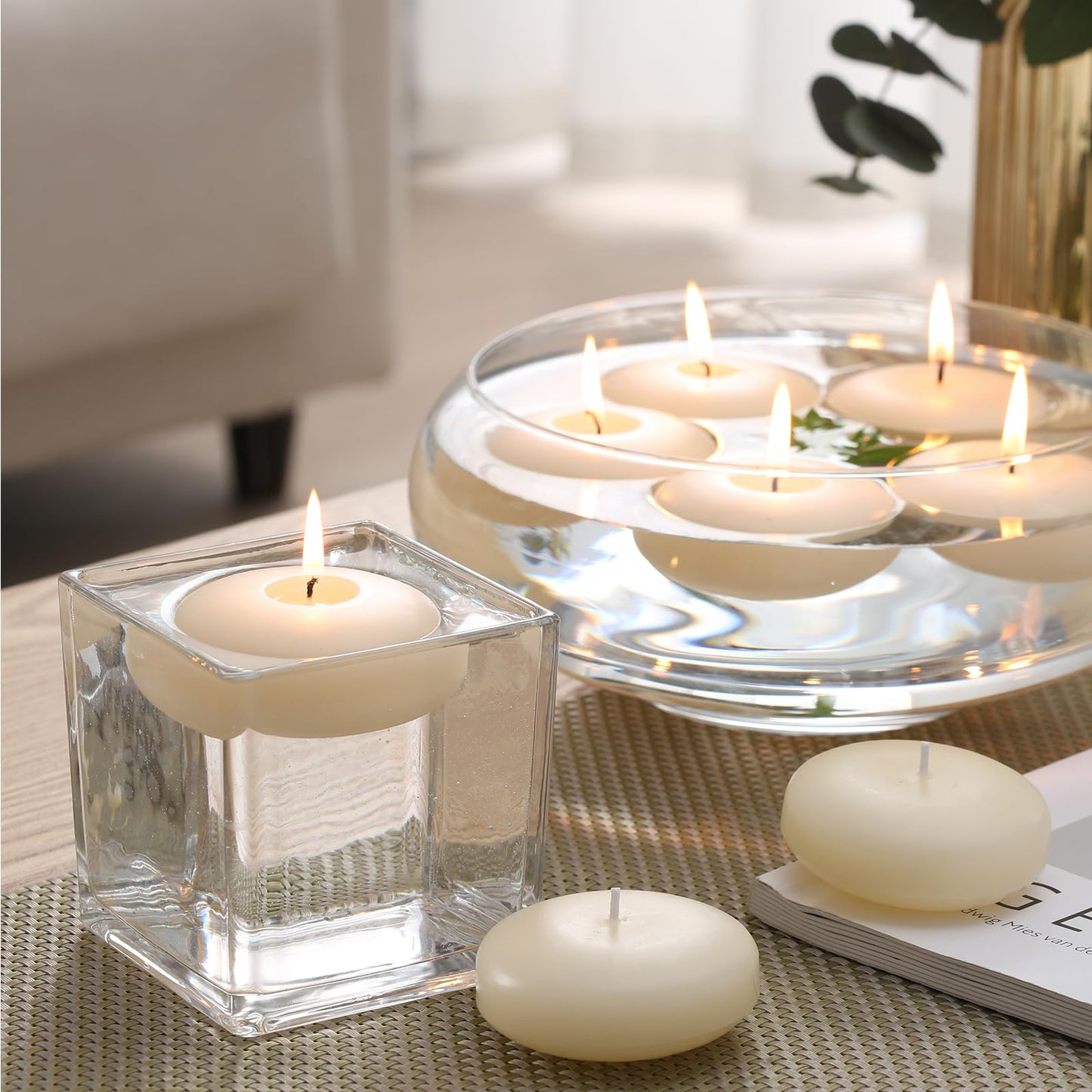 qinxiang 24 Pack Floating Candles, 3” Ivory Unscented Dripless Wax Burning Candles, for Cylinder Vases, Weddings, Party and Holiday …