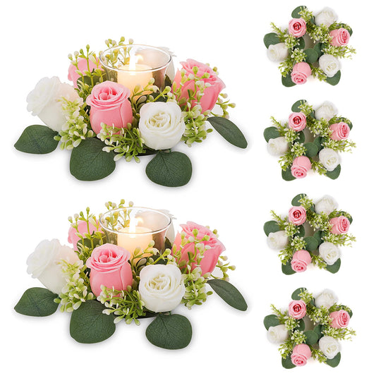 NUPTIO Flower Wreath for Table Centerpieces: 9.05 Inch Small Pink & White Candle Rings for Wedding Party Christmas Decorations - Rose Wreaths for Spring Summer Front Door Porch Decor 6 Pcs
