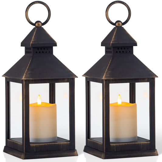 Yongmao Vintage Golden Brushed Black Lantern Decorative LED Flickering Flameless Candle with Timer, Battery Powered LED Decorative Hanging Lanterns for Indoor Outdoor Garden Yard Home Decor(2 Pack)