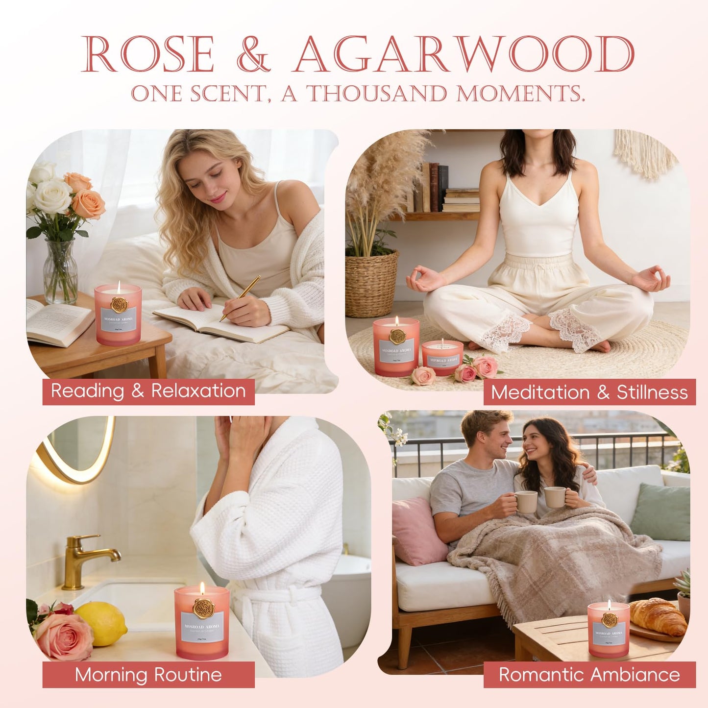 MOSROD Luxury Rose & Agarwood Scented Candles Gift Set, 2 Packs, Natural Soy Romantic Aromatherapy Jar Candle Gift for Her, Intimate Ambiance Pink Rose Candles for Home Fragrance Housewarming Gifts