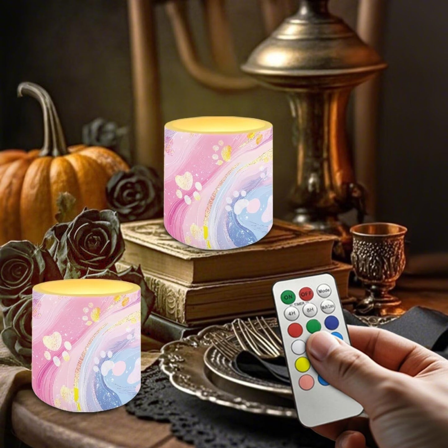 Cozeyat Pink Blue Marble Flameless Candles 4 Pack Battery Operated with Remote Control Timer LED Pillar Candles Waterproof for Indoor Outdoor Decor