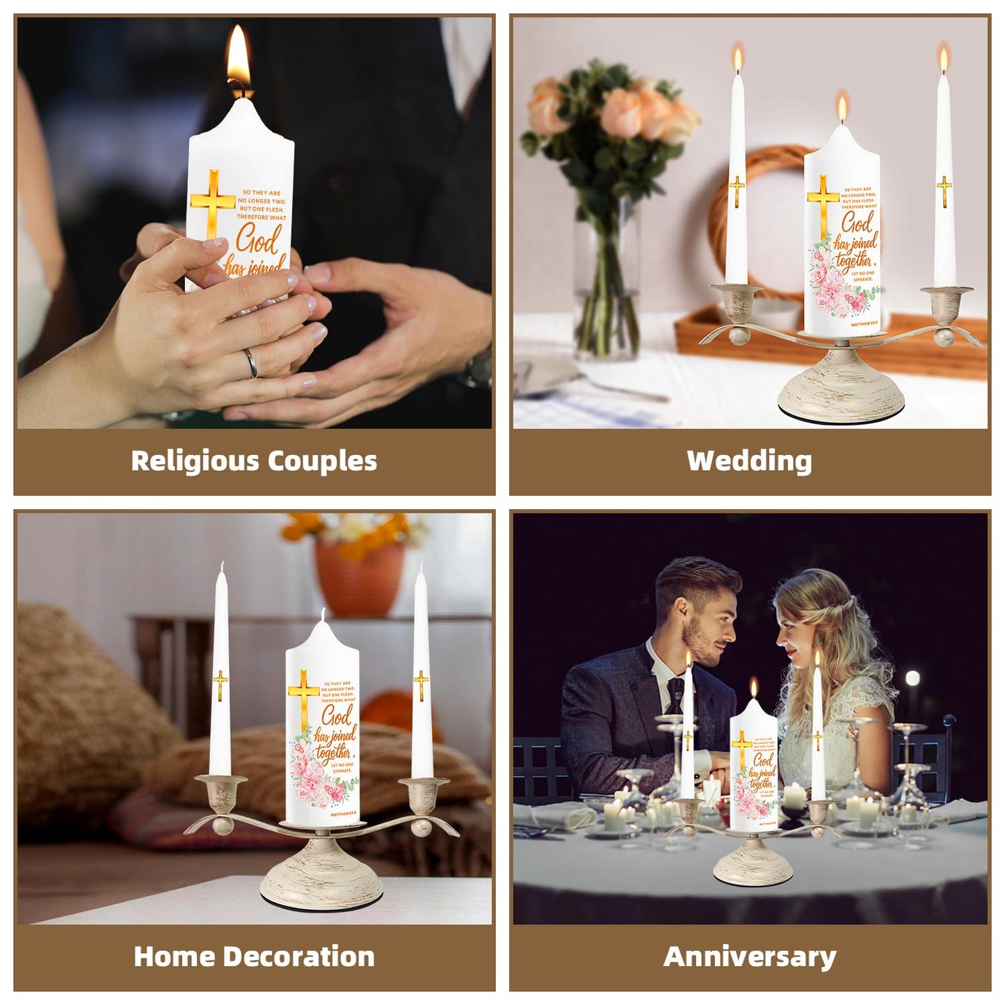 LakWilows Unity Wedding Candle Set with Distressed White & Gold Metal Holder, 3 Piece Wedding Ceremony Candles (8.27" Pillar + 2 Tapers), Cross & Matthew 19:6 Scripture, Catholic Gift for Couple