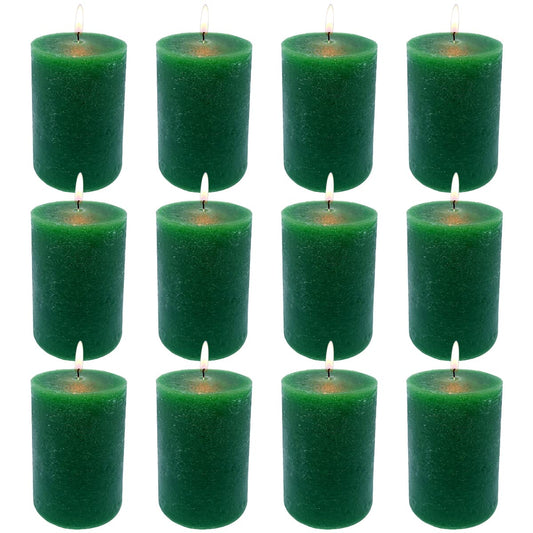 MISSYO 12 Pack 2x3 Inch Green Rustic Pillar Candles, 24 Hours Unscented Column Candles, Dripless and Smokeless Candles for Christmas Home Decor, Wedding, Spell, Parties and Emergency