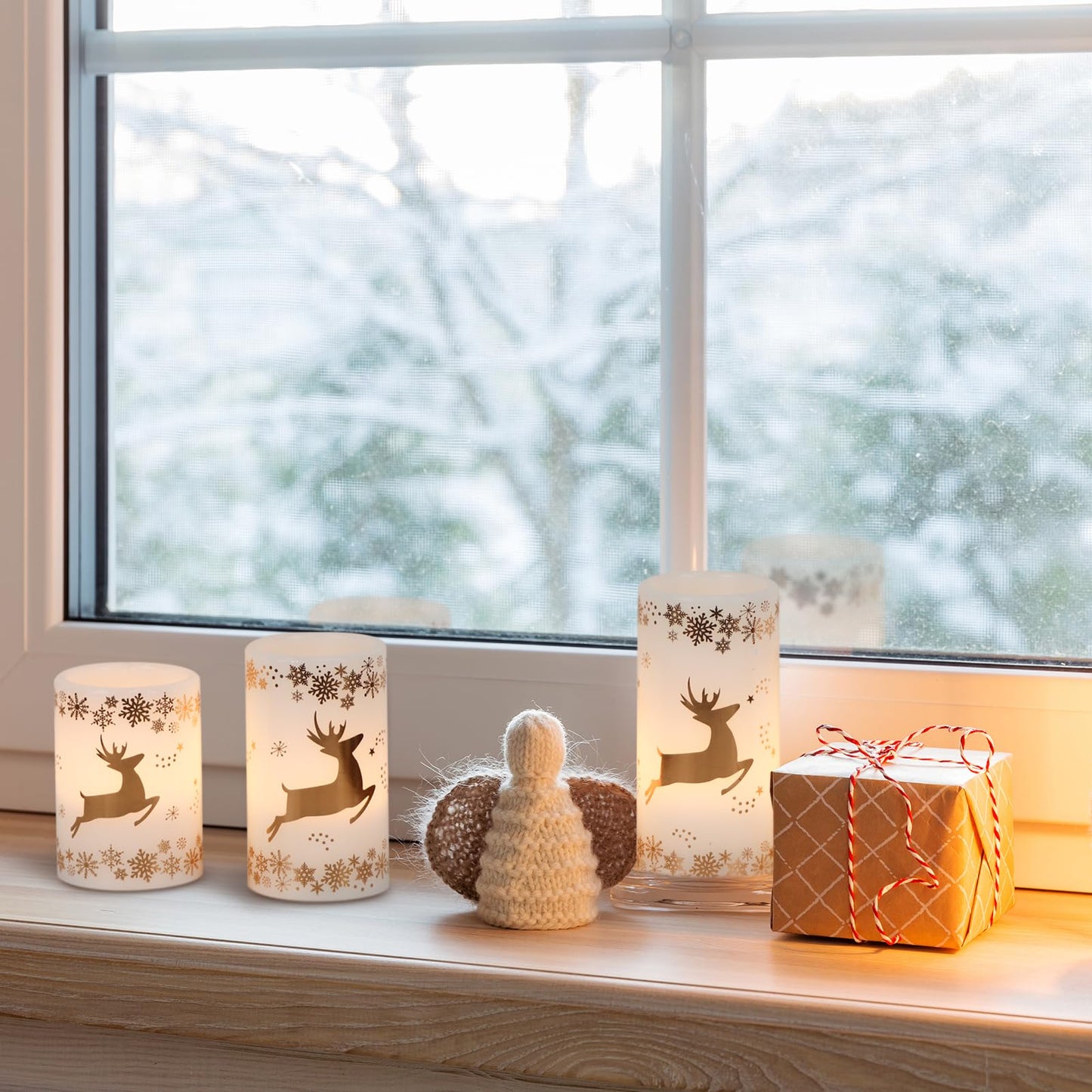 Lasumora Golden Reindeer Christmas Candles with 6H Timer, Real Wax LED Candles Flameless Flickering, Battery Operated Candle Pillar for Home Décor Christmas Decorations Gifts, 3x4/5/6 inches