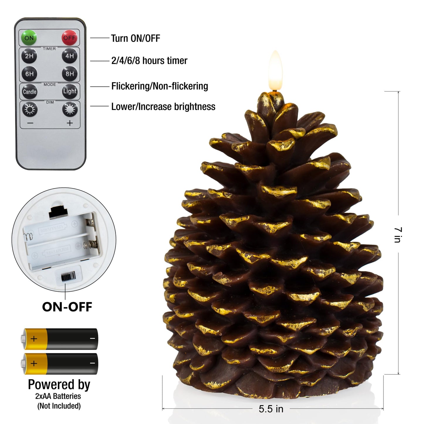 Yongmao Large Pine Cone Flickering Flameless Candles with Timer, Battery Operated Real Wax LED Candles for Christmas Home Party Decoration, Brown