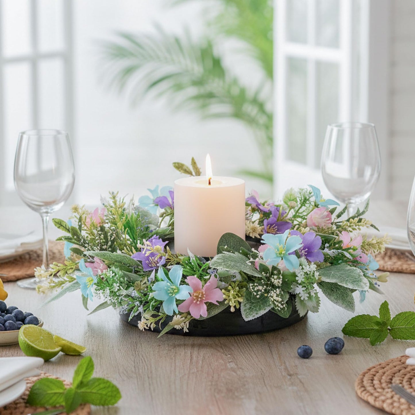 MOYEE Summer Candle Holder Centerpieces for Tables,Candle Ring, Black Metal Candlestick with an Artificial Wreath 14 in Versatile Dining Table Centrepiece (Blue and Purple Flower Wreath)