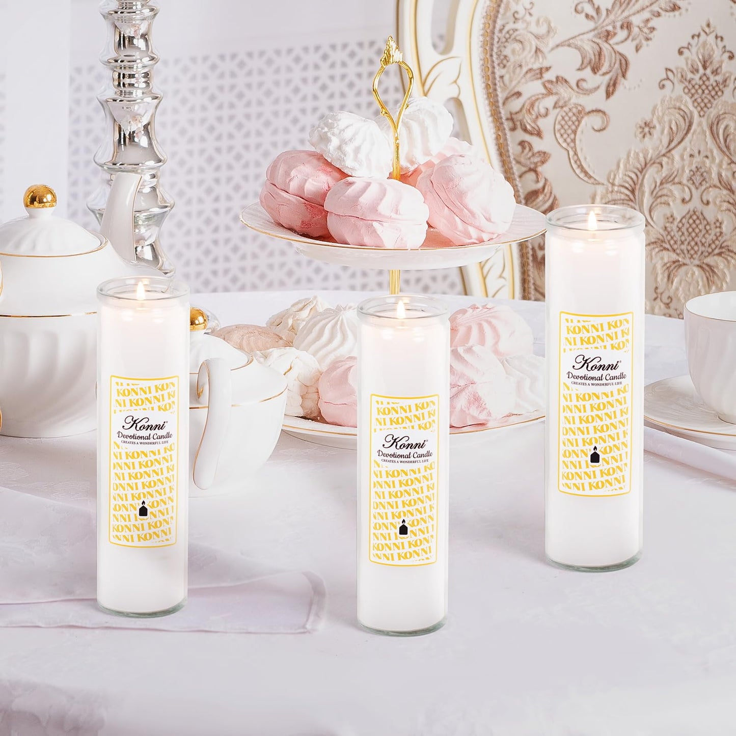KONNI 2x8 Inch White Pillar Candles in Glass Set of 3, Devotional Prayer Candle, Unscented Religious Candles, 105 Hours Emergency Long Burning, Ideal for Memorials, Vigil, Blessing