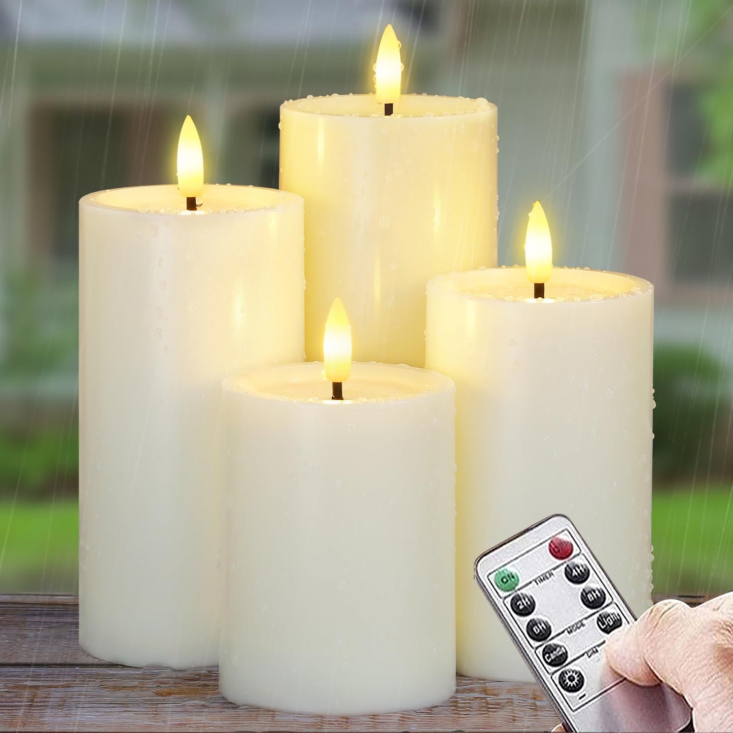 Yeelida Outdoor 4pcs Flameless Waterproof Candles with Handy Remote Control, Cycle Timer Battery Operated Candle Grease Effect LED Flickering Pillar Plastic Long Lasting (Ivory, 3" x4" 5" 6" 7")