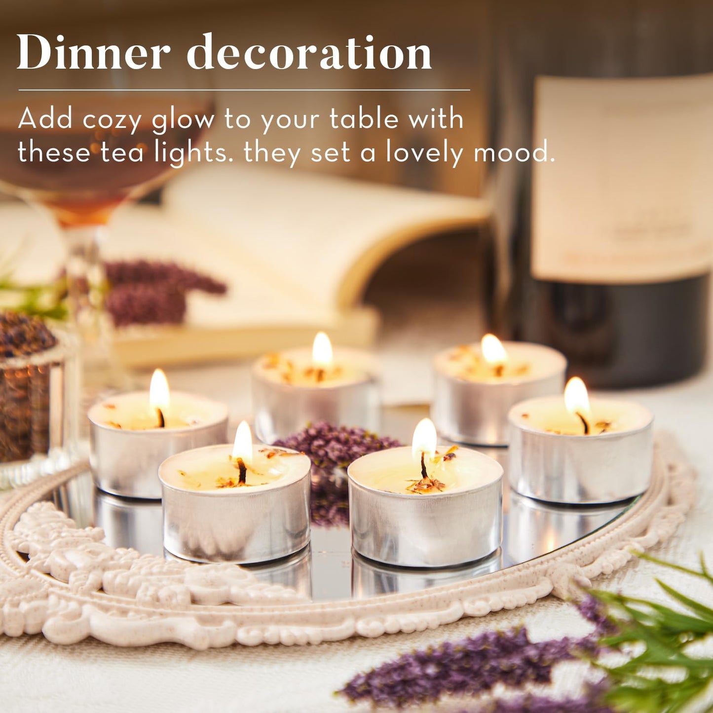16 Pack Lavender Tealight Candles with Real Dried Petals, Natural Soy Wax, 6-Hour Burn Time for Home, Wedding, Bath Decor