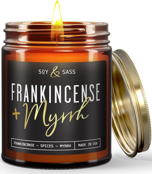 Frankincense and Myrrh Candle, Christmas Candles Scented - w/Spices, Frankincense & Myrrh - Infused with Essential Oils I Frankincense Candle I 9oz, 50Hr, Made in USA