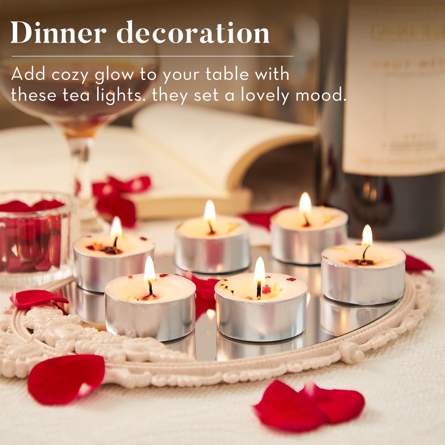 16 Pack Rose Tealight Candles with Real Dried Petals, Natural Soy Wax, 6-Hour Burn Time for Home, Wedding or Bath Decor