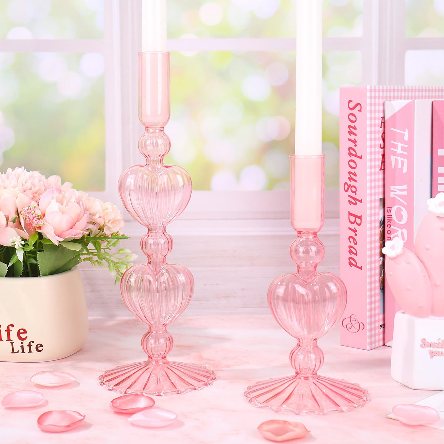 JarThenaAMCS 2Pcs Valentine's Day Glass Candlestick Holders Pink Heart Glass Taper Candle Holder Valentines Heart Candle Stick Vase Decor for Galentine's Day Wedding Festival Party Table Centerpiece