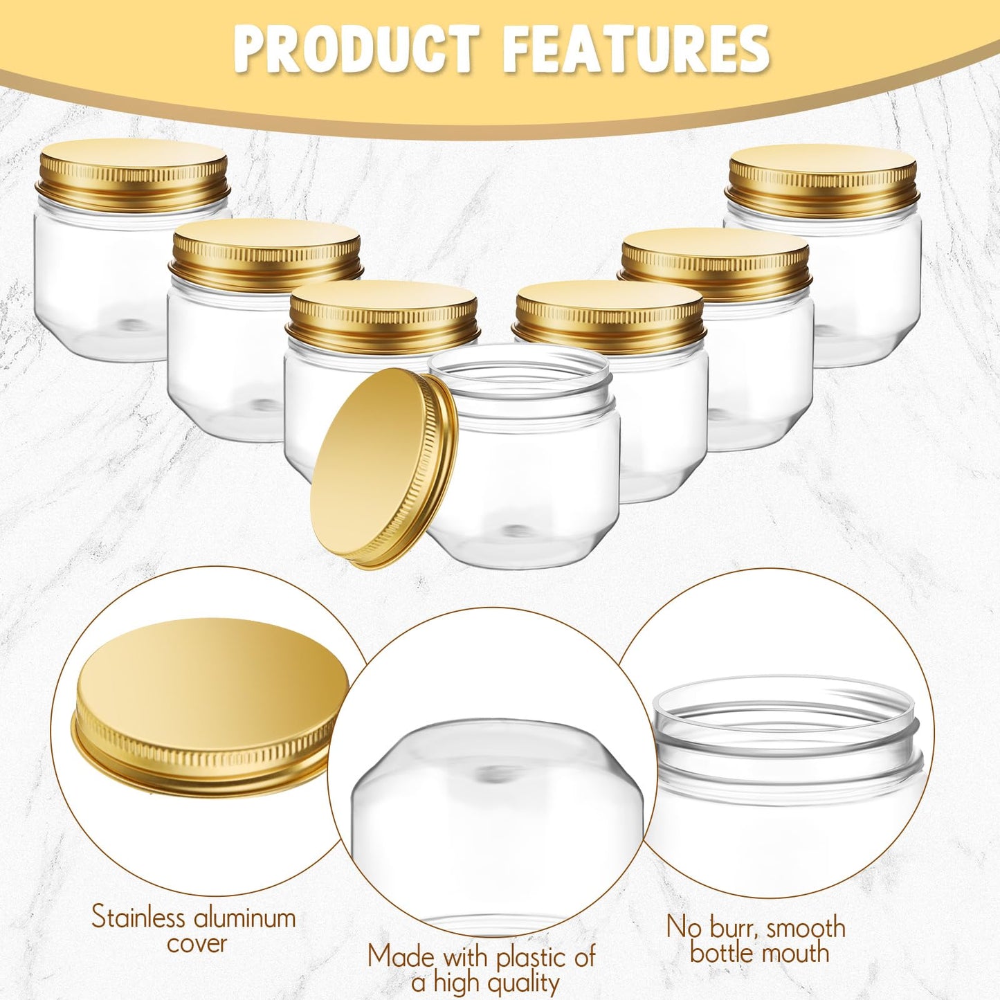 Tanlade 60 Pcs 3 oz Clear Plastic Jars with Lids Wide Mouth Mason Jars Mini Storage Containers Bulk for Herb Jelly Wedding Valentine Favors Shower Party Favors(Gold)