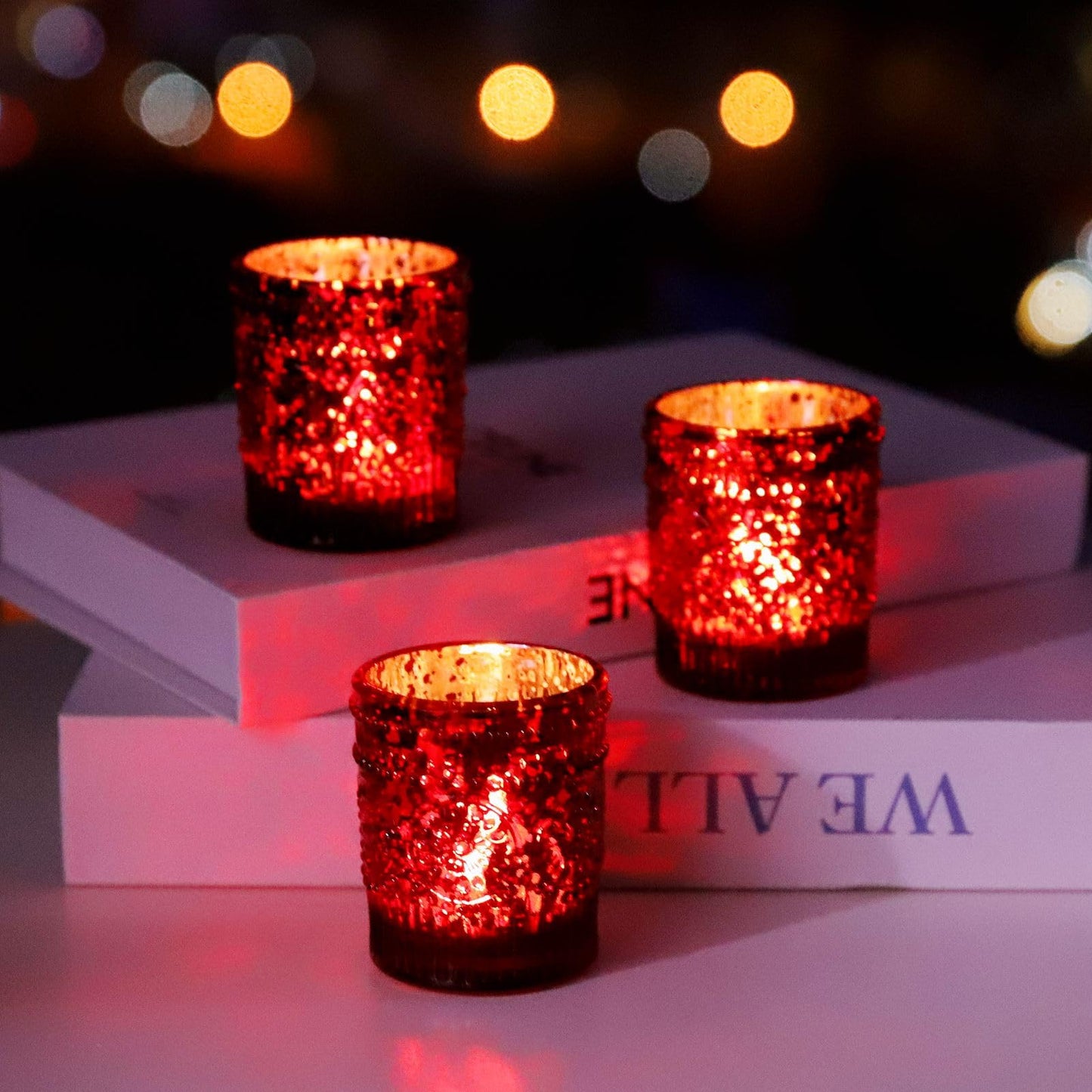 VOHO Red Mercury Glass Candle Holder Set of 12, Boho Sunflower Red Votive Candle Holders for Table Centerpiece, Festive Tealight Candle Holder for Christmas, Thanksgiving, Valentines Day Decorations