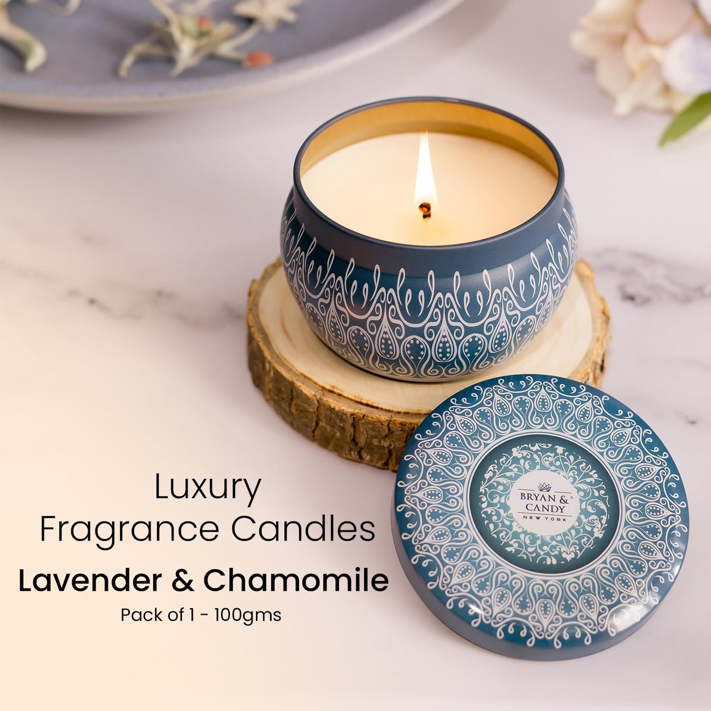 BRYAN & CANDY Scented Candles Diwali Gift Set for Women & Men Lavender & Chamomile,100 Gm Each Soy Wax Eco Friendly Printed Tin