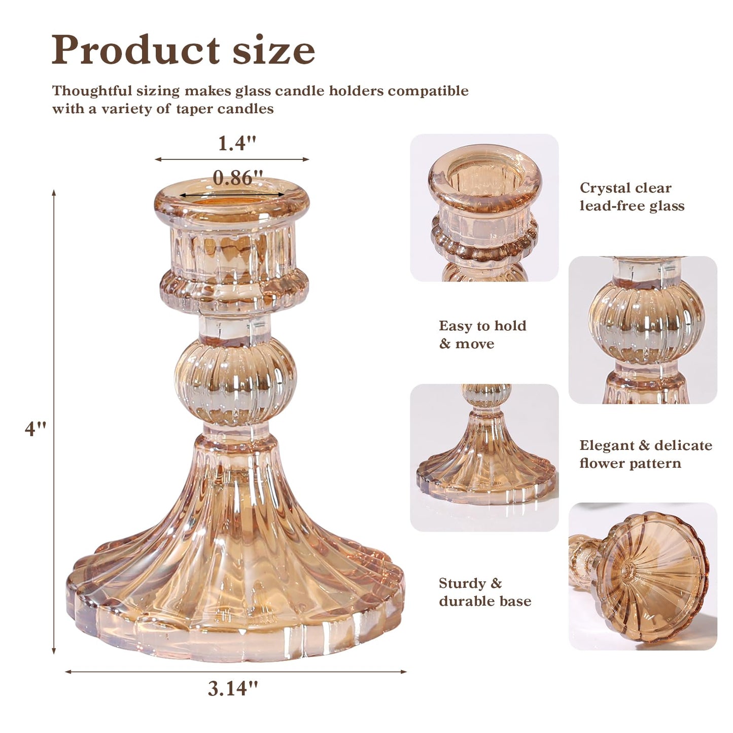 6 Pcs Golden Glass Taper Candle Holders – 4" Ribbed Candlestick Holders for Standard Candles | Elegant Centerpiece for Wedding, Party, Holiday & Home Decor