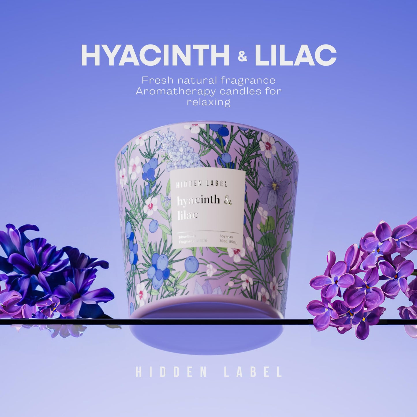 Hidden Label Large Soy Candle, Hyacinth Lilac Scented, 3 Wick 30oz, 100Hr Burn, Natural Non-Toxic Aromatherapy Stress Relief, Home Scent, Spa