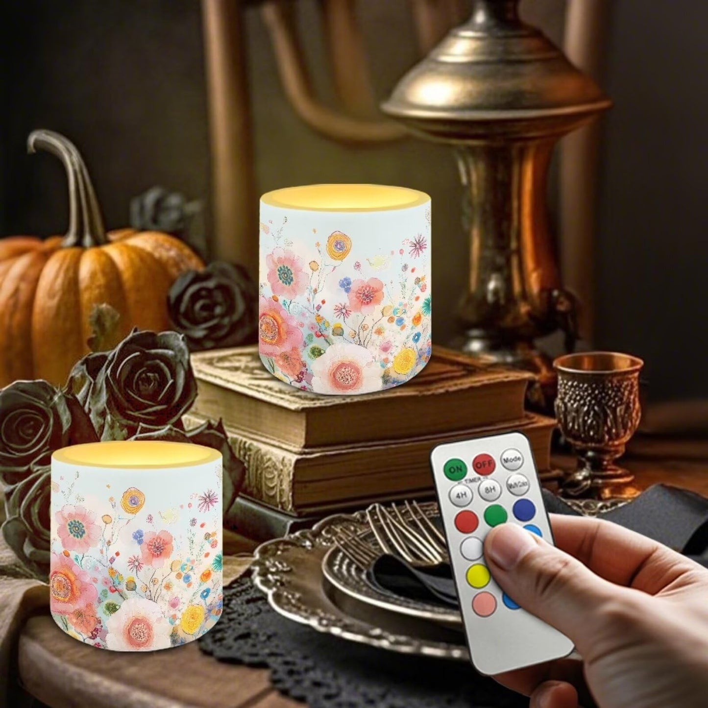 Cozeyat Wildflower Flameless Candles 4 Pack Battery Operated LED Pillar Candles with Remote Control Timer Waterproof for Indoor Outdoor Use