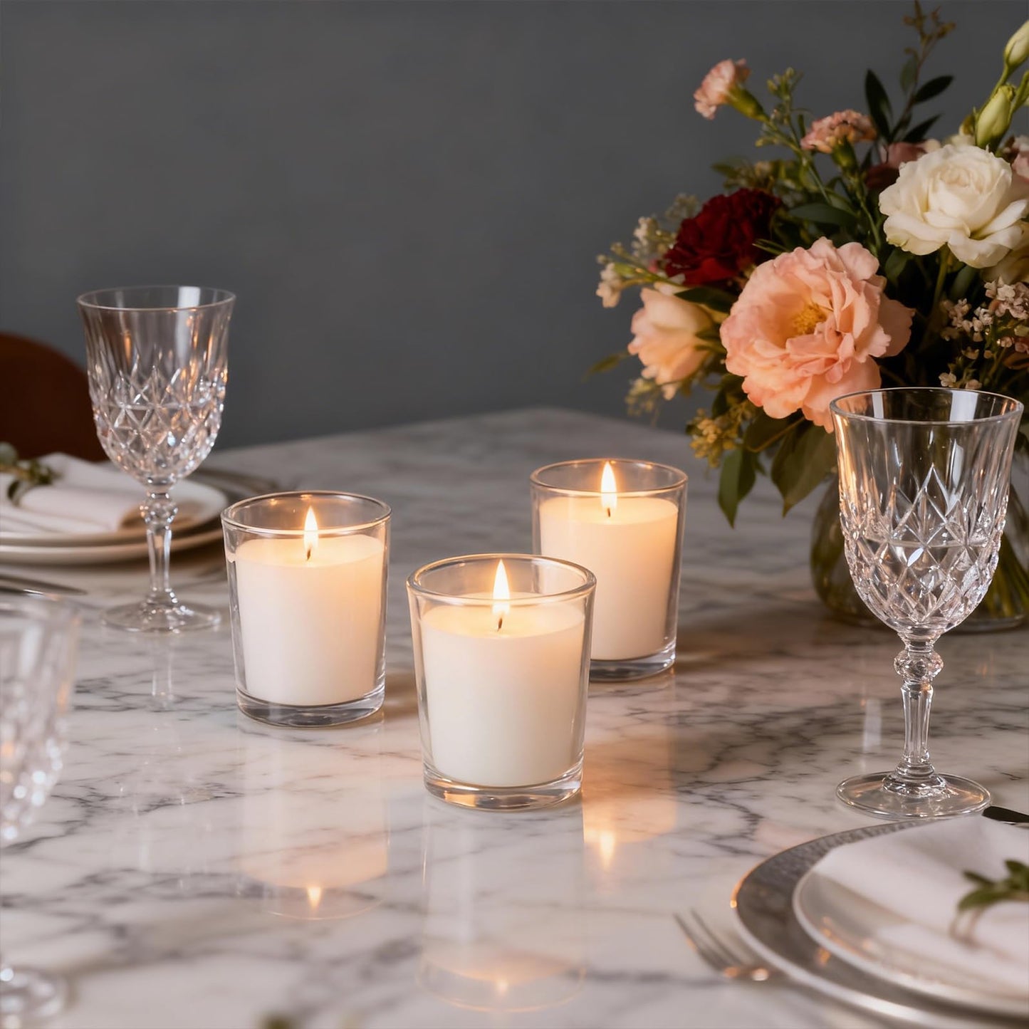 flamecan 24 Pack Clear Glass Filled White Votive Candles. Unscented Votive Candles for Home Décor Spa Weddings Birthdays Holidays Party
