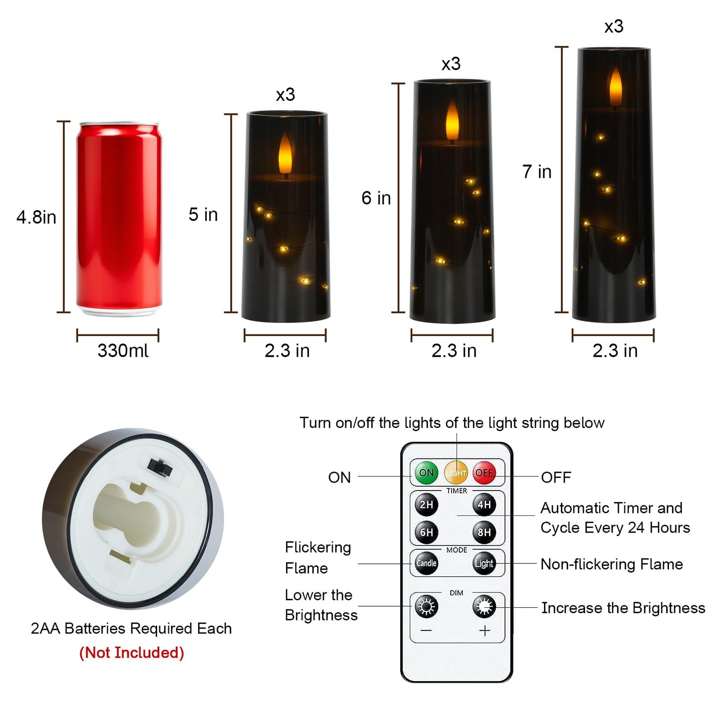 Raycare Flameless Candle with Remote Timer – 9 Flickering Acrylic Battery Operated LED Pillar Candles with Embedded Star String for Halloween, Home Decor, and as a Gift (Black)