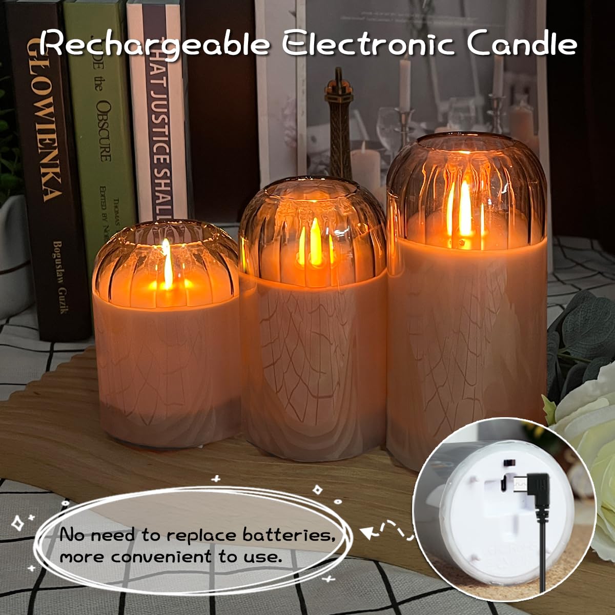 LEDHOLYT Rechargeable Jar Flameless Candle, Flashing LED Pillar Real Wax Candle with Remote Control and Timer, Black Pumpkin Glass Electronic Candles for Room Decoration, 1 Set of 3