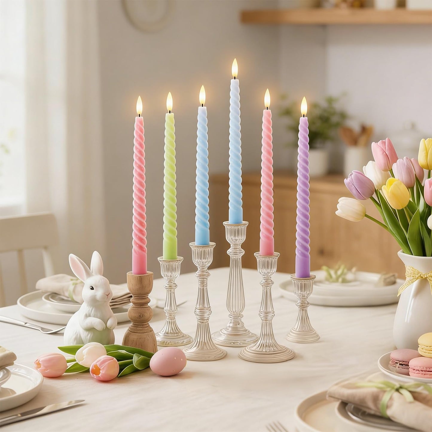 Whaline 8Pcs 10 Inch Easter Pastel Spiral Taper Candles Dripless Twisted Wax Candles Long Unscented Candle Sticks for Spring Home Party Dining Table Supplies