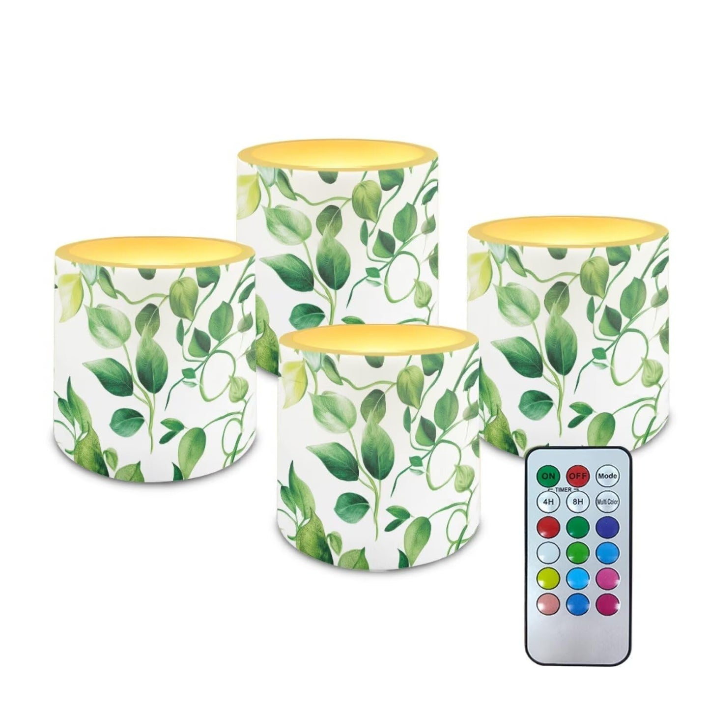 Cozeyat Green Leaves Realistic Dancing Flame Candles 4 Pack Battery Operated Flameless LED with Remote Control Timer Waterproof for Indoor Outdoor Decoration