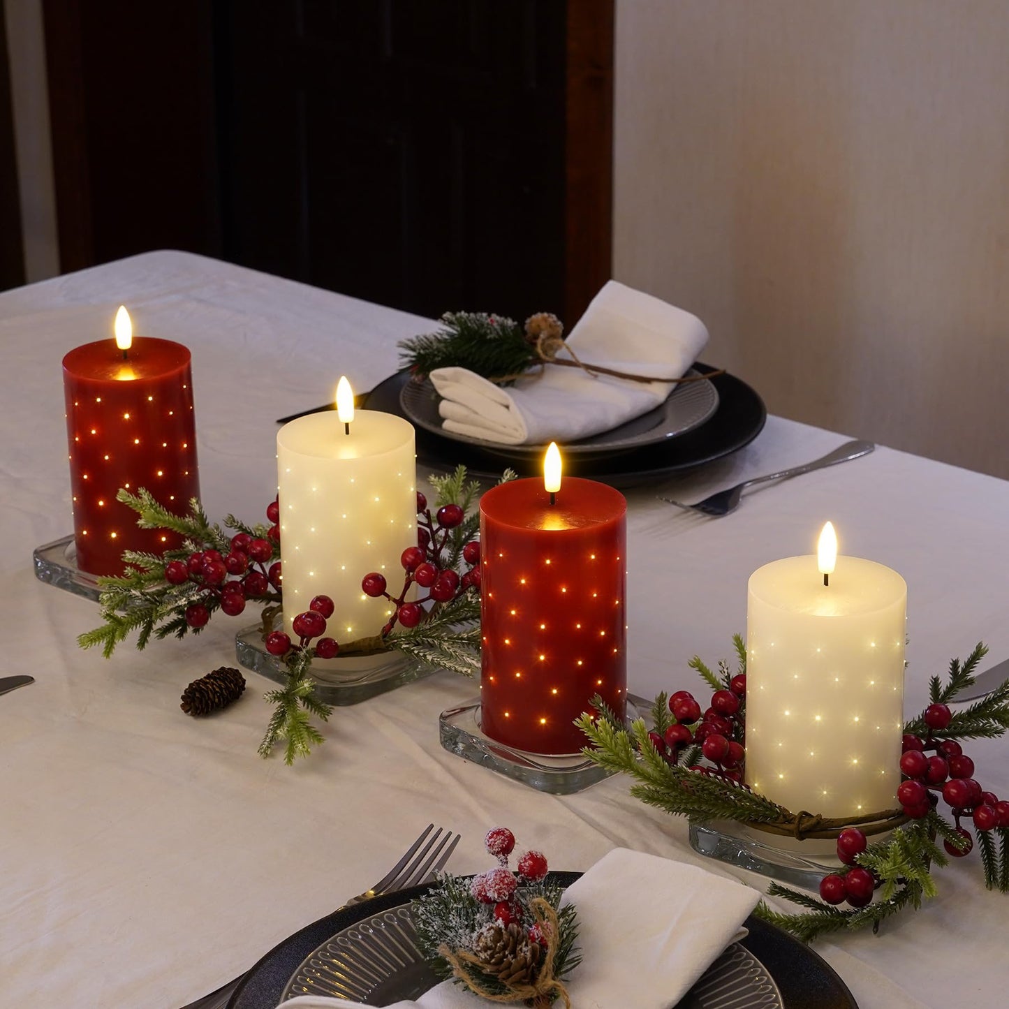 Rhytsing 5 inches White Real Wax LED Candles with Twinkle Fiber Optic Lights, Battery Operated Decorative Candles for Christmas Table Centerpieces, Batteries and Remote Included - Set of 2