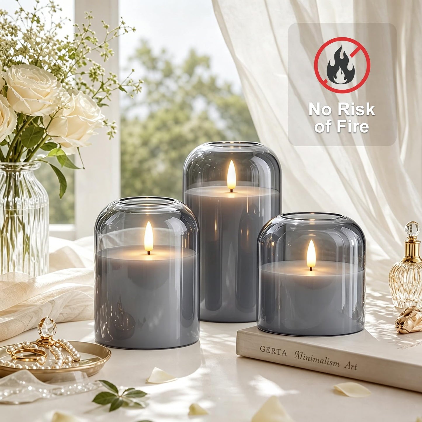 ARIKJ Grey Glass Flameless Candles with Remote and Timer, Realistic Flickering 3D Wick Battery Operated LED Pillar Candles, Modern Moody Gothic Aesthetic Decor for Fireplace Mantel Shelf Table