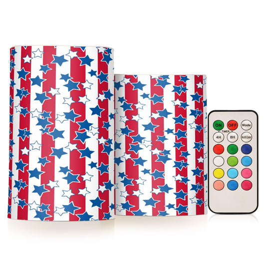 American Flag USA 4th July Red White Blue Star Stripe Flickering Flameless Candles Battery Operated Remote Timer,Tea Light Candles LED Pillar Votive Candles set of 2 for Outdoor Indoor Decoration