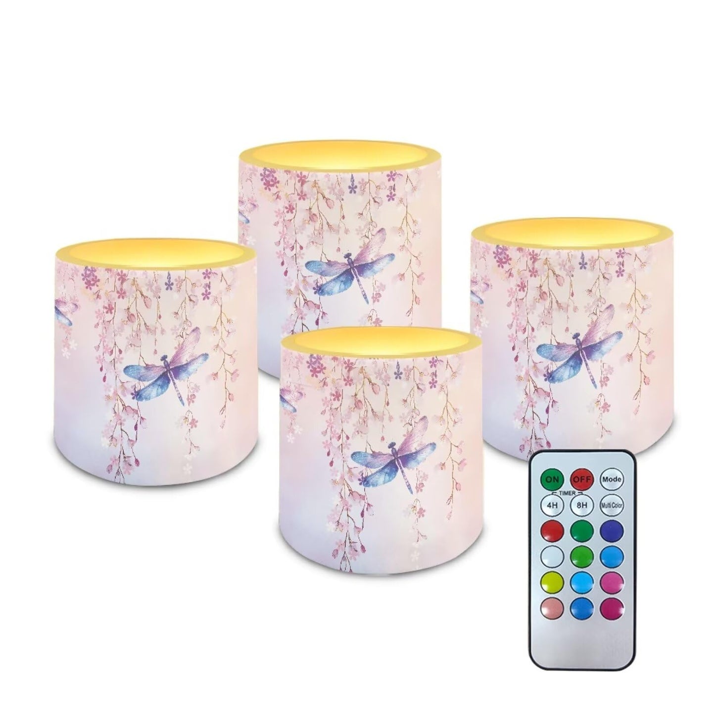 Cozeyat Cherry Blossom Dragonfly LED Candles Set of 4 Battery Powered Flameless with Remote Timer Flickering Flame Waterproof for Beach Home Table Use