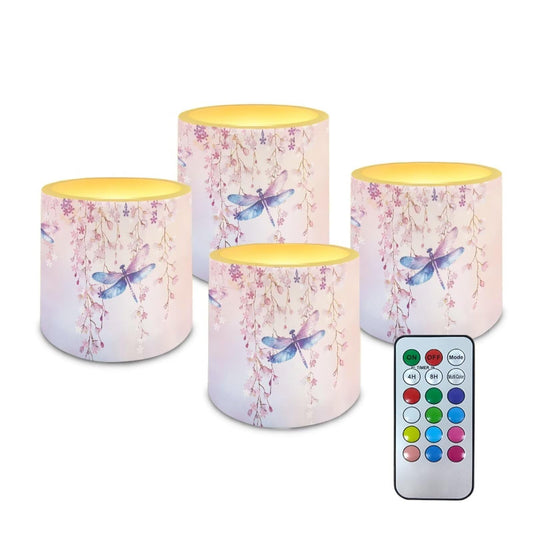 Cozeyat Cherry Blossom Dragonfly LED Candles Set of 4 Battery Powered Flameless with Remote Timer Flickering Flame Waterproof for Beach Home Table Use