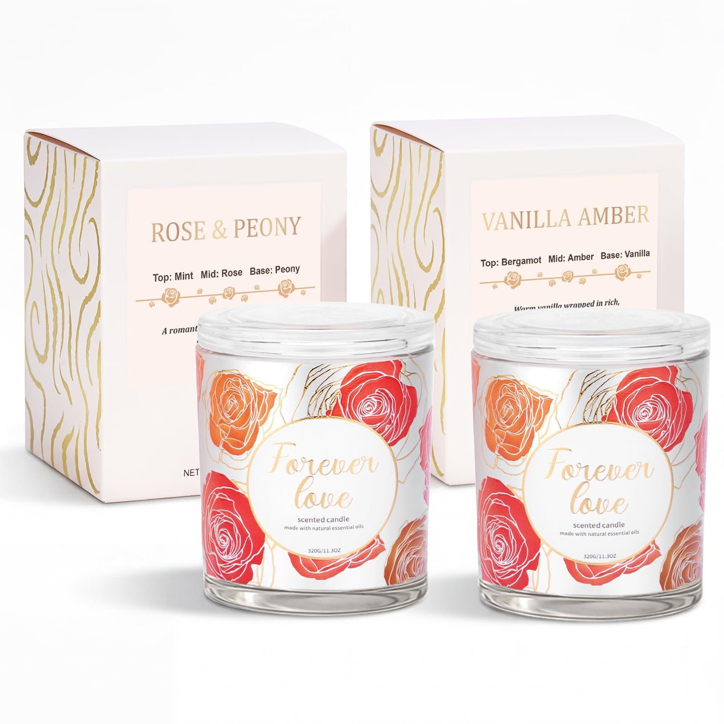 2 Pack Wood Wick Soy Wax Candle Gift Set for Women, Rose & Peony and Vanilla Amber, 11.3 Oz Each, Individually Boxed