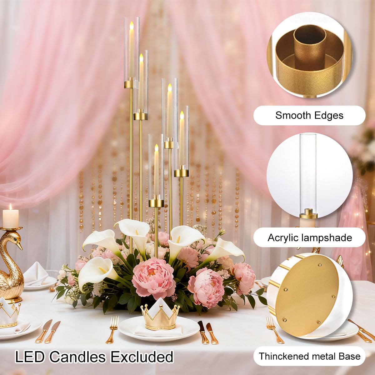 2PCS Floor Candle Holders for Wedding,Tall Arcylic Candelabra Centerpiece for Tables Candelabra 5 Arm for Party Christmas Concert Fit LED Candle Prom Entrance Decorations candelabros navideños