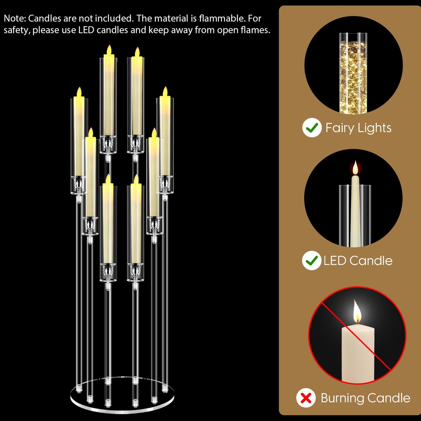 2Set 8 Arms Acrylic Candelabra Centerpieces for Tables Decortion,Clear Candle Holder for Wedding Dinner Fireplace Decoration and Home Decor,Candlesticks Holder with Lampshade Fits LED Candle