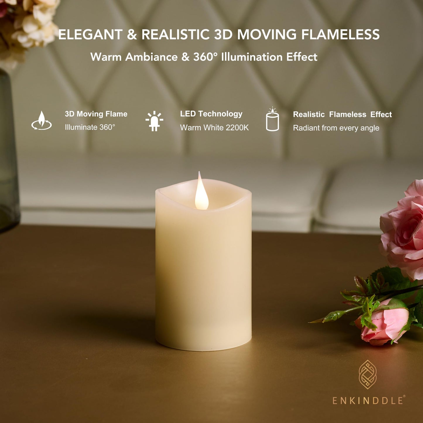 ENKINDDLE Flameless Candles with Timer, 3D Moving Flame LED Pillar Candle, Real Wax Flickering Candle, Battery Operated, Ivory 3"x5" for Table Centerpiece & Home Décor