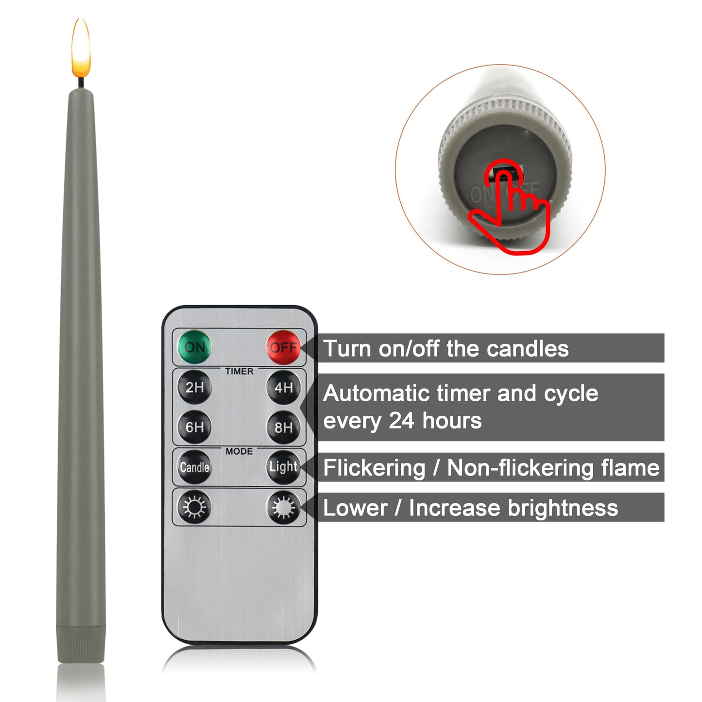 CVHOMEDECO. Flameless Taper Candles with 10-Key Remote, Battery Operated Led Flickering 3D Wick Window Candles Real Wax Finished Home Christmas Party Decor 0.78 x 11 Inch, Pack of 2, Grey