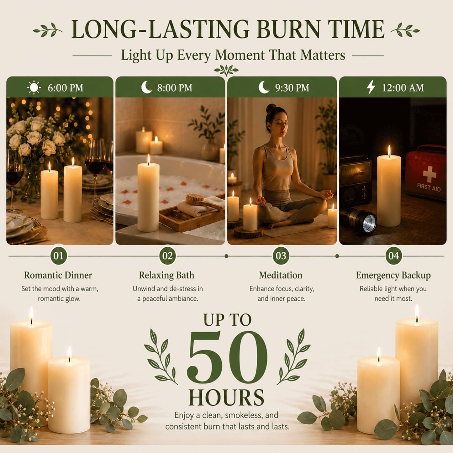 12 Pack Creamy White Soy Wax Pillar Candles 2x6 in, Unscented Decorative Candles, 600h Total Burn (50h Each), Clean Burning, Smokeless & Dripless for Wedding, Fireplace, Home Decor & Dinner Table