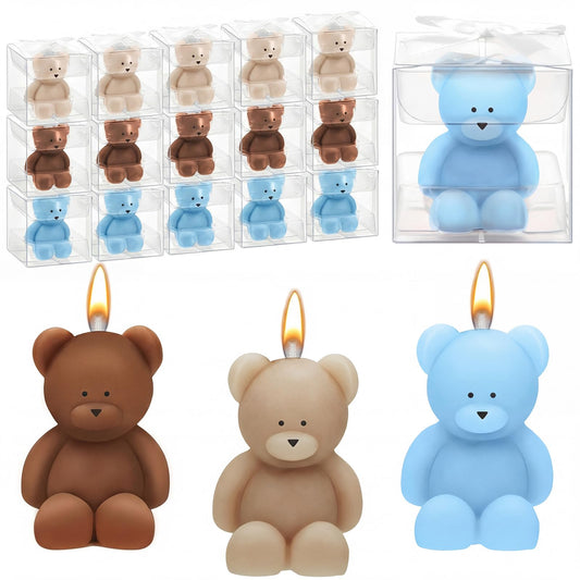 Dansib 50 Pcs Bear Baby Shower Candle Favors for Guest Bear Party Favors Baby Shower Candles Bulk for Gifts Party Decorations (Light Brown,Dark Brown,Blue)