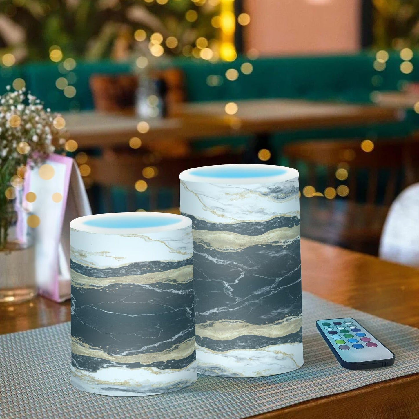 BOENLE Flickering Flameless Candles, Black White Marble Gold Veins LED Candles with Remote Timer, Set of 2 Battery Operated Candle for Valentine Wedding Birthday